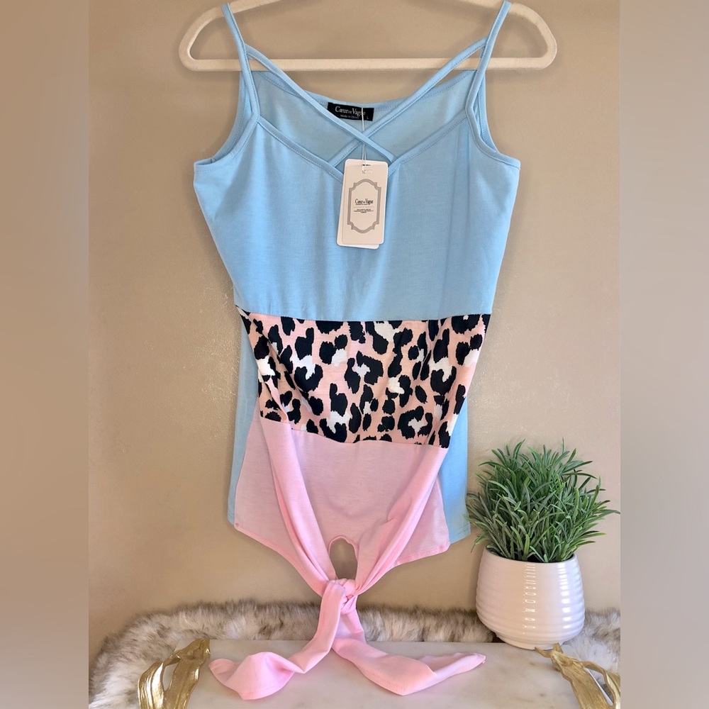 NWT Leopard Colorblock Tie Hem Tank Cami, Large